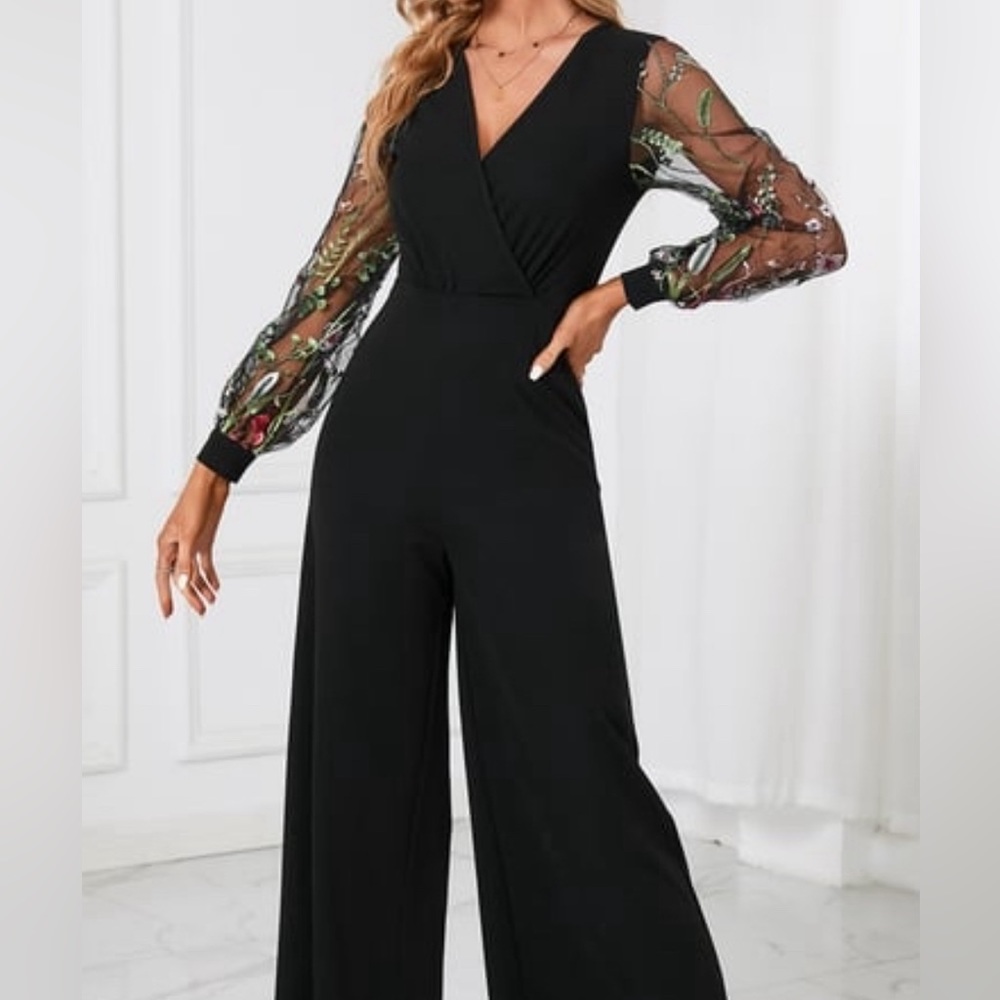 Embroidered V-Neck Elegant Jumpsuit/Pantsuit - Picture 3 of 6